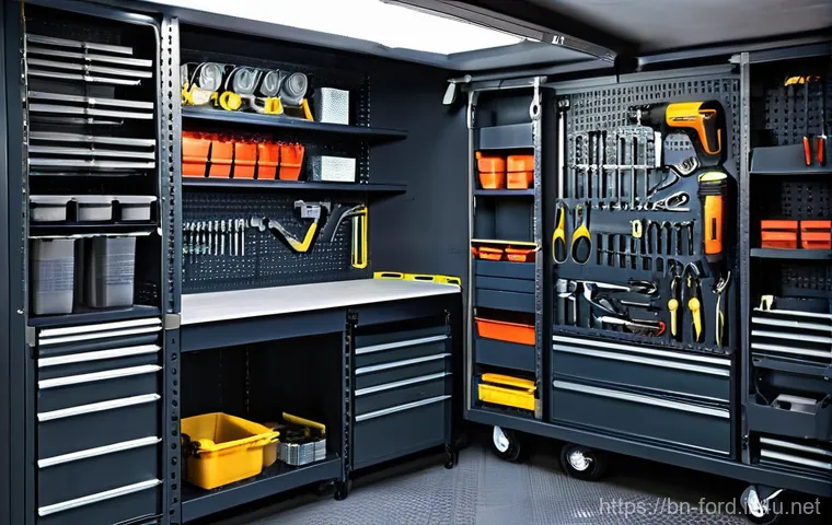 포드 트랜짓 밴의 적재 공간 활용 - **Prompt 1: The Optimized Mobile Workshop**
    "A clean, brightly lit interior of a modern Ford Tra...