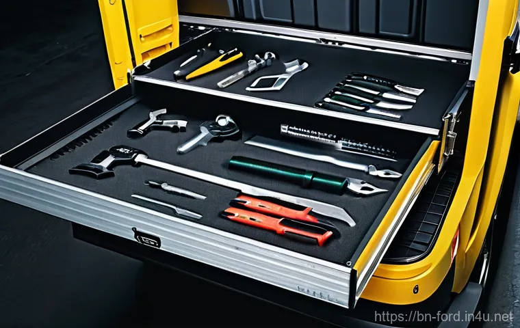 포드 트랜짓 밴의 적재 공간 활용 - **Prompt 1: The Optimized Mobile Workshop**
    "A clean, brightly lit interior of a modern Ford Tra...