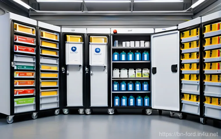 포드 트랜짓 밴의 적재 공간 활용 - **Prompt 2: Smart Storage & Digital Integration in a Service Van**
    "Inside a professional Ford T...