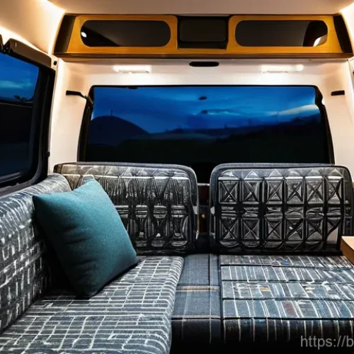 Home 26 포드 트랜짓의 캠핑 액세서리 추천 - **Prompt:** A cozy and well-organized interior of a Ford Transit camper van at dusk. The modular sle...