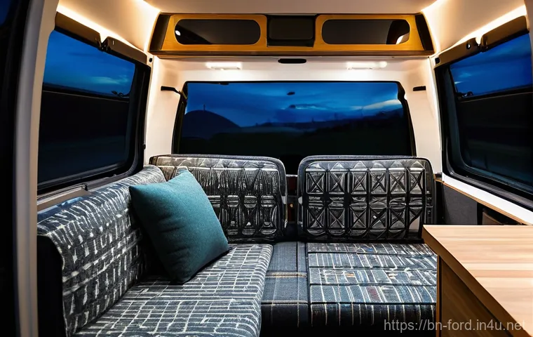 포드 트랜짓의 캠핑 액세서리 추천 - **Prompt:** A cozy and well-organized interior of a Ford Transit camper van at dusk. The modular sle...