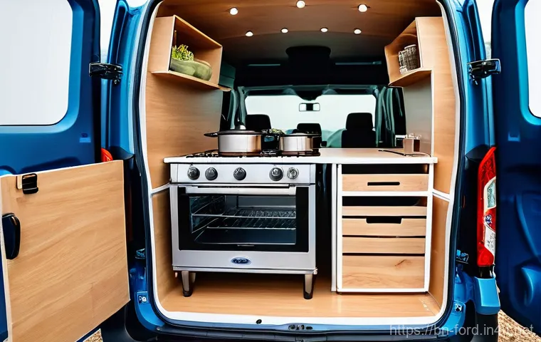 포드 트랜짓의 캠핑 액세서리 추천 - **Prompt:** An aerial view (or slightly elevated perspective) of a Ford Transit camper van parked be...
