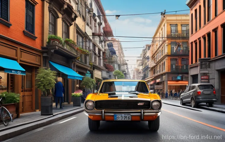 포드 매버릭의 도심 주행 효율성 - **Prompt:** A modern Ford Maverick navigating a bustling, narrow city street during daylight. The st...