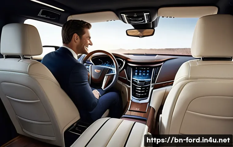 포드 익스페디션과 캐딜락 에스컬레이드 비교 - **Prompt:** "A luxurious and futuristic interior of a Cadillac Escalade. The cabin features a sweepi...