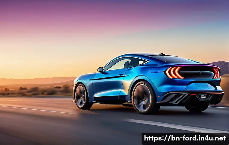 포드 머스탱 마하 E의 자율주행 기술 - **Prompt:** A sleek Ford Mustang Mach-E in a futuristic deep blue, effortlessly navigating a winding...