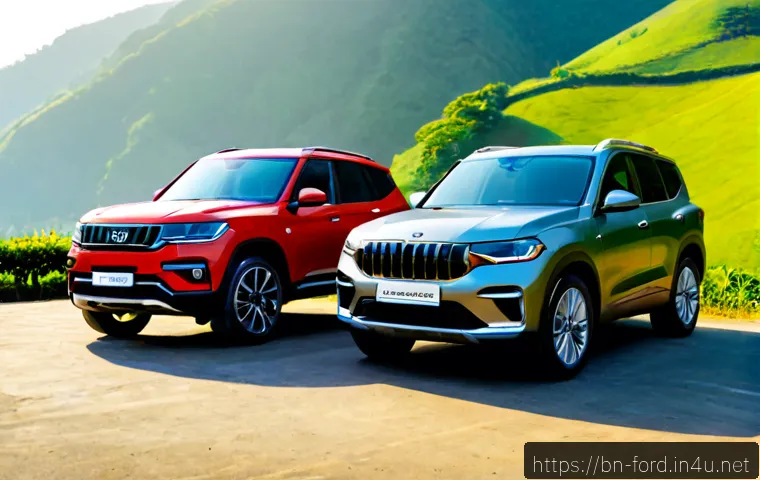 포드 브롱코 스포츠와 지프 컴패스 비교 - Photorealistic side-by-side comparison of two unbranded compact SUVs, one boxy and rugged with uprig...
